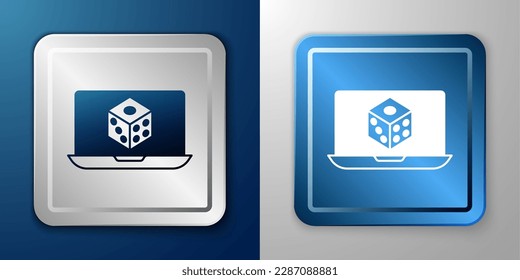 White Game dice icon isolated on blue and grey background. Casino gambling. Silver and blue square button. Vector
