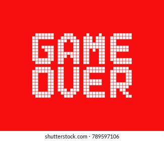 white game over logo in pixel art style. concept of gameover in old classic videogame or level final. 8 bit flat cartoon trend modern logotype graphic pixelart design isolated on red background