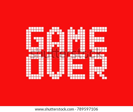 white game over logo in pixel art style. concept of gameover in old classic videogame or level final. 8 bit flat cartoon trend modern logotype graphic pixelart design isolated on red background