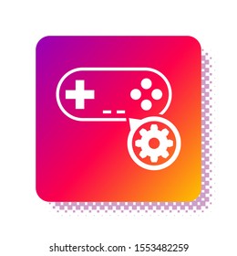White Gamepad and gear icon isolated on white background. Adjusting app, service concept, setting options, maintenance, repair, fixing. Square color button. Vector Illustration