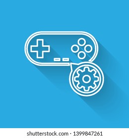 White Gamepad and gear line icon isolated with long shadow. Adjusting app, service concept, setting options, maintenance, repair, fixing. Vector Illustration