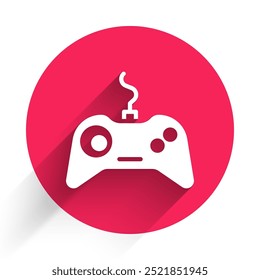 White Gamepad icon isolated with long shadow. Game controller. Red circle button. Vector Illustration