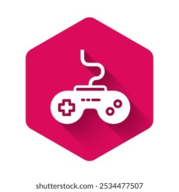 White Gamepad icon isolated with long shadow background. Game controller. Pink hexagon button. Vector