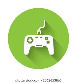 White Gamepad icon isolated with long shadow. Game controller. Green circle button. Vector