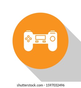 White Gamepad icon isolated on white background. Game controller. Orange circle button. Vector Illustration