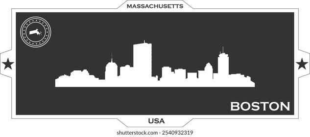 White gaming banner of city skyline of city of Boston with black background with inscription of the name of the city, date of establishment and name and map of US state of Massachusetts whit stars