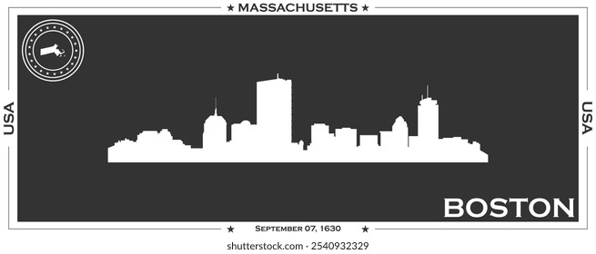 White gaming banner of city skyline of city of Boston with black background with inscription of the name of the city, date of establishment and name and map of US state of Massachusetts