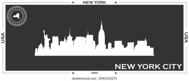 White gaming banner of city skyline of city of New York City with black background with inscription of the name of the city, date of establishment and name and map of US state of New York