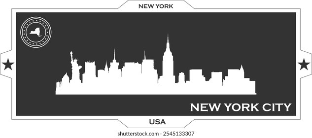 White gaming banner of city skyline of city of New York City with black background with inscription of the name of the city, date of establishment and name and map of US state of New York