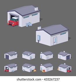 White garage. 3D lowpoly isometric vector illustration. The set of objects isolated against the grey background and shown from different sides