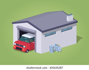 White garage and red car against the green background. 3D lowpoly isometric vector illustration