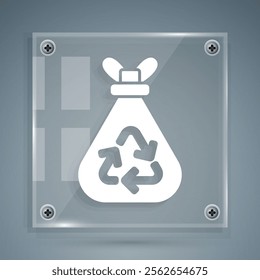 White Garbage bag with recycle symbol icon isolated on grey background. Trash can icon. Recycle basket sign. Square glass panels. Vector Illustration