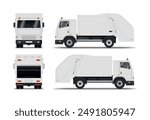 White garbage truck with frontal loader for waste collection front side view set mock up realistic vector illustration. Household and commercial junk collecting and sorting industrial service