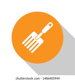 White Garden fork icon isolated on white background. Pitchfork icon. Tool for horticulture, agriculture, farming. Orange circle button. Vector Illustration