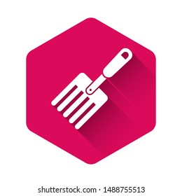 White Garden fork icon isolated with long shadow. Pitchfork icon. Tool for horticulture, agriculture, farming. Pink hexagon button. Vector Illustration