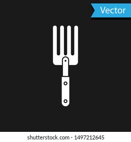 White Garden fork icon isolated on black background. Pitchfork icon. Tool for horticulture, agriculture, farming.  Vector Illustration