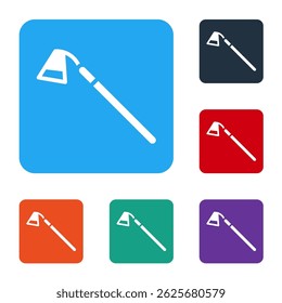 White Garden hoe icon isolated on white background. Tool for horticulture, agriculture, farming. Set icons in color square buttons. Vector