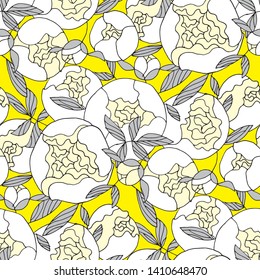 White garden peon seamless pattern for textile, wrapping paper, background, web and print project. Repeatable hand drawn blooming motif in pastel colors.  Vector illustration. 
