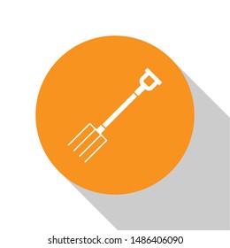 White Garden pitchfork icon isolated on white background. Garden fork sign. Tool for horticulture, agriculture, farming. Orange circle button. Vector Illustration