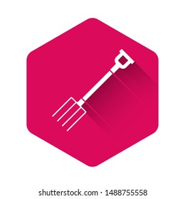 White Garden pitchfork icon isolated with long shadow. Garden fork sign. Tool for horticulture, agriculture, farming. Pink hexagon button. Vector Illustration