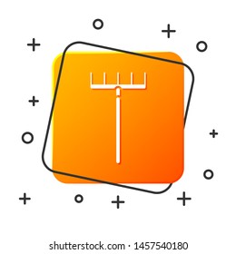 White Garden rake icon isolated on white background. Tool for horticulture, agriculture, farming. Ground cultivator. Housekeeping equipment. Orange square button. Vector Illustration