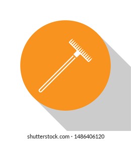 White Garden rake icon isolated on white background. Tool for horticulture, agriculture, farming. Ground cultivator. Housekeeping equipment. Orange circle button. Vector Illustration