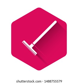 White Garden rake icon isolated with long shadow. Tool for horticulture, agriculture, farming. Ground cultivator. Housekeeping equipment. Pink hexagon button. Vector Illustration