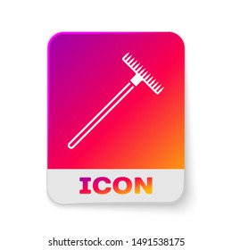 White Garden rake icon isolated on white background. Tool for horticulture, agriculture, farming. Ground cultivator. Housekeeping equipment. Rectangle color button. Vector Illustration