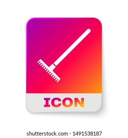 White Garden rake icon isolated on white background. Tool for horticulture, agriculture, farming. Ground cultivator. Housekeeping equipment. Rectangle color button. Vector Illustration
