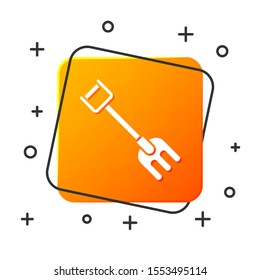 White Garden rake icon isolated on white background. Tool for horticulture, agriculture, farming. Ground cultivator. Housekeeping equipment. Orange square button. Vector Illustration