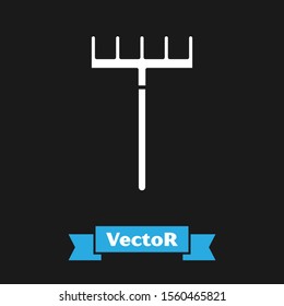 White Garden rake icon isolated on black background. Tool for horticulture, agriculture, farming. Ground cultivator. Housekeeping equipment.  Vector Illustration