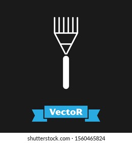 White Garden rake icon isolated on black background. Tool for horticulture, agriculture, farming. Ground cultivator. Housekeeping equipment.  Vector Illustration