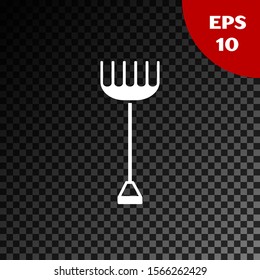 White Garden rake icon isolated on transparent dark background. Tool for horticulture, agriculture, farming. Ground cultivator. Housekeeping equipment.  Vector Illustration