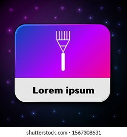 White Garden rake icon isolated on black background. Tool for horticulture, agriculture, farming. Ground cultivator. Housekeeping equipment. Rectangle color button. Vector Illustration