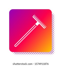 White Garden rake icon isolated on white background. Tool for horticulture, agriculture, farming. Ground cultivator. Housekeeping equipment. Square color button. Vector Illustration