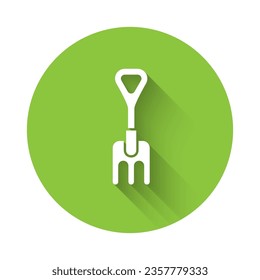 White Garden rake icon isolated with long shadow. Tool for horticulture, agriculture, farming. Ground cultivator. Green circle button. Vector Illustration
