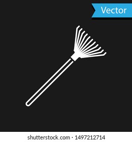 White Garden rake for leaves icon isolated on black background. Tool for horticulture, agriculture, farming. Ground cultivator.  Vector Illustration