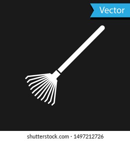 White Garden rake for leaves icon isolated on black background. Tool for horticulture, agriculture, farming. Ground cultivator.  Vector Illustration
