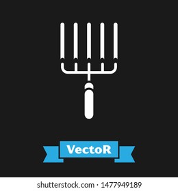 White Garden rake in work icon isolated on black background. Tool for horticulture, agriculture, farming. Ground cultivator.  Vector Illustration