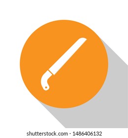 White Garden saw icon isolated on white background. Orange circle button. Vector Illustration