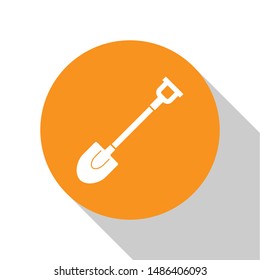 White Garden shovel icon isolated on white background. Gardening tool. Tool for horticulture, agriculture, farming. Orange circle button. Vector Illustration