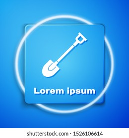 White Garden shovel icon isolated on blue background. Gardening tool. Tool for horticulture, agriculture, farming. Blue square button. Vector Illustration