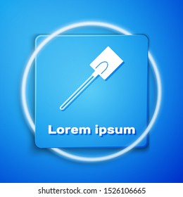 White Garden shovel icon isolated on blue background. Gardening tool. Tool for horticulture, agriculture, farming. Blue square button. Vector Illustration