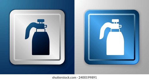 White Garden sprayer for water, fertilizer, chemicals icon isolated on blue and grey background. Silver and blue square button. Vector