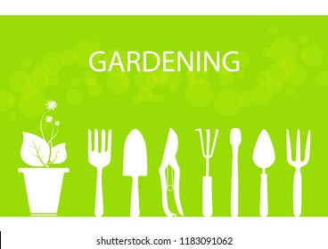 White garden tools on green background with bokeh vector illustration