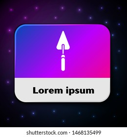 White Garden trowel spade or shovel icon isolated on black background. Gardening tool. Tool for horticulture, agriculture, farming. Rectangle color button. Vector Illustration