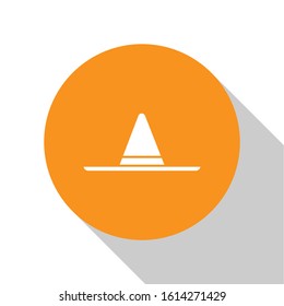White Gardener, farmer or agricultural worker hat icon isolated on white background. Orange circle button. Vector Illustration
