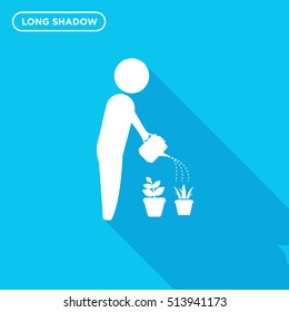 White gardener watering the flowers on light blue background with long shadow