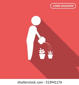 White gardener watering the flowers on red background with long shadow