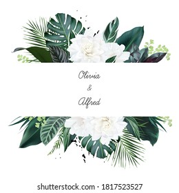 White gardenia, hibiscus, green monstera, palm tropical leaves horizontal card. Emerald exotic greenery, black marbled pattern frame. Island wedding banner. Elements are isolated and editable